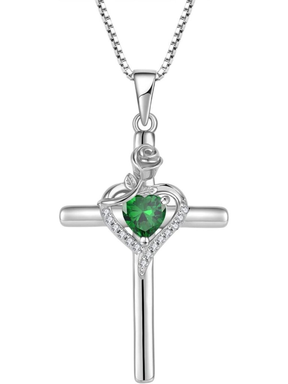 Women’s Green 925 Sterling Silver Cross Rose Flower Birthstone Fashion Necklaces